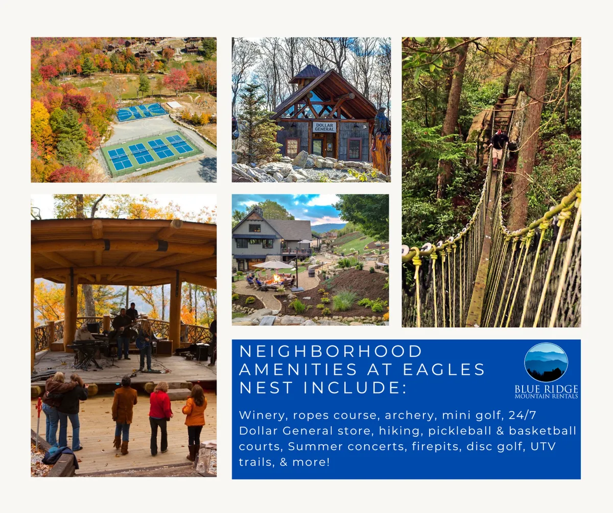 A vibrant exterior scene featuring multi-sport courts, a wooden pavilion stage, a rustic lodge-style building, nearby hiking trails, and a rope bridge. Families are seen participating in various activities such as playing mini-golf, attending a summer concert, and exploring the surrounding greenery.